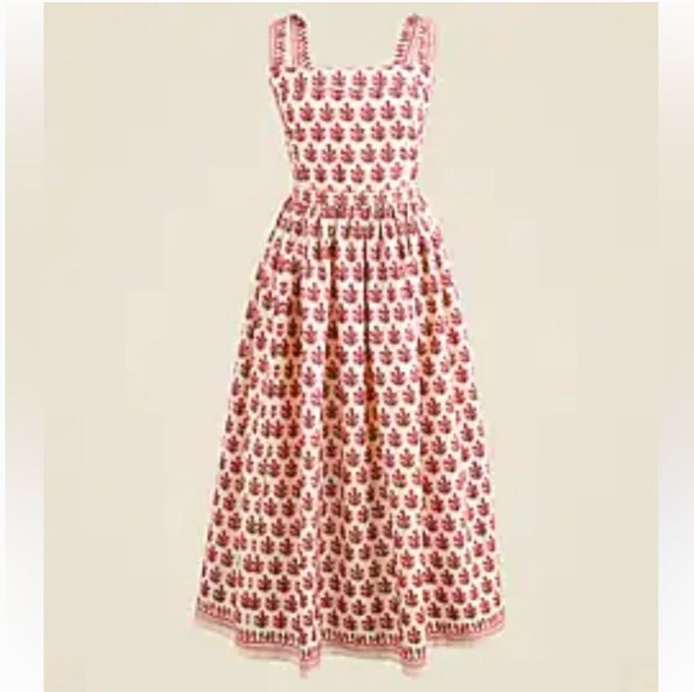 J Crew Apron Midi Dress 8 Red Block Print Foral NWT CK832 J.Crew Boho Western - Picture 1 of 5